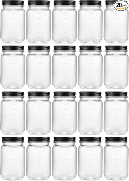 novelinks 16 oz Clear Plastic Jars with Lids, Refillable 16oz Mason Jars with Lids & Storage Containers for Kitchen & Household Use (20 Pack,Black)