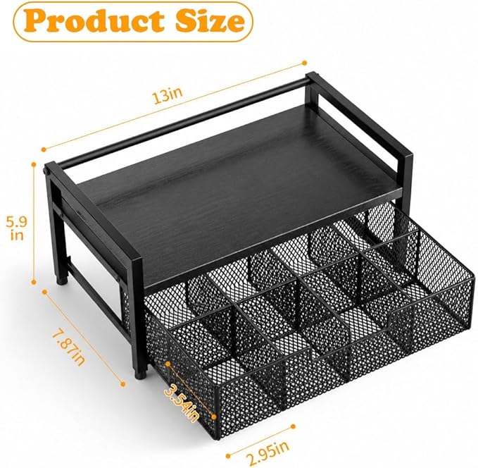 Tea Bag Organizer, Tea Bag Holder with Drawer, Wood and Metal Tea Organizers and Storage Chest for Countertop Kitchen, Office, Black