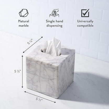 Cork & Mill Marble Tissue Box Cover for Kleenex and More, Decorative Cube Style Holder, Large Square Facial Tissue Dispenser Container for Home, Real Solid White Marble Bathroom Accessory