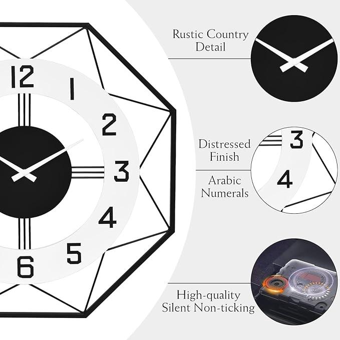 Modern Look Wall Clock – Large Decorative Silent Clock for Living Room Decor, 24 Inch Geometric Design with Numbers Huge Clock