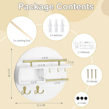 kuaima Key Holder Wall Mount, Round Wooden Key Rack with Shelf, Sunglasses Hanger, Storage Box, Multi Hooks, 12 Inch, White and Gold