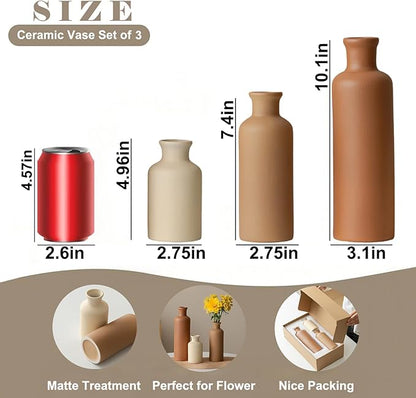 Modern Ceramic Vase Set of 3, Neutral Colors, Decorative Bottles for Home, Earth Tone Farmhouse Rustic Decor, Housewarming Gifts, Wedding Gifts, Birthday Gifts for Women(Coffee Mix)