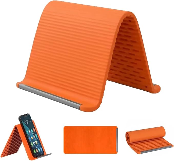 Flexible Silicone Phone Stand with Aluminum, Foldable Portable and Bendable Phone Holder for Phone Tablet Laptop, Portable Rollable Multi-Angle Stand (Orange)
