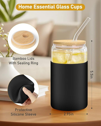 sungwoo Glass Cups with Lids and Straws, 4 Pack 16OZ Iced Coffee Cups with Silicone Sleeve, Glass Tumbler with Straw and Bamboo Lid, Home Essential Drinking Set for Juice, Cocktail and Tea Black&White