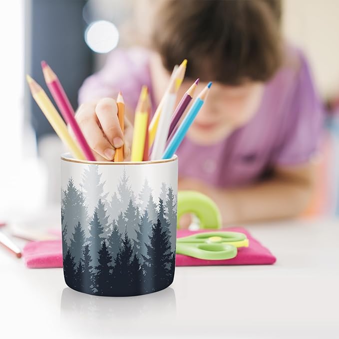 WAVEYU Pen Pencil Holder for Desk, Ceramic Pens Cup Cute Makeup Brushes Holder, Unique Desk Multifunctional Pen Organizer for Home, Office, and School, Forest Pattern