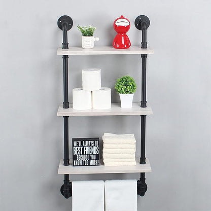 Bathroom Shelves Wall Mounted,19.6in Rustic Wood Shelf with Towel Bar,3 Tier Farmhouse Towel Rack Over Toilet,Pipe Shelving Floating Shelves Towel Holder,Black & White