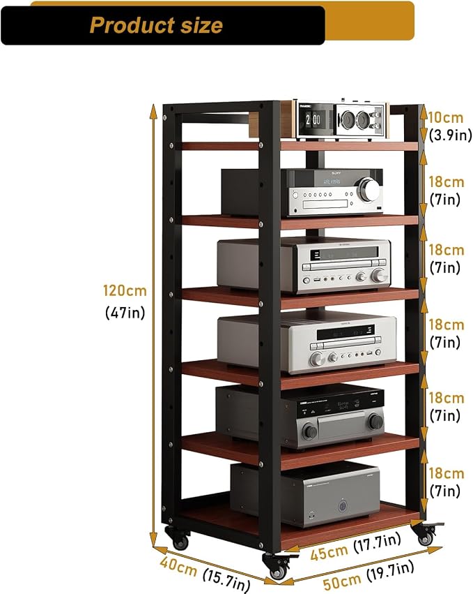 6 Tier AV Media Stand, 47in Audio Rack Tower Stereo Components Cabinet, Home Theatre CD Record Player Stereo Receiver Equipment Rack with Adjustable Wood Shelves, Load 400lbs (Teak Brown)