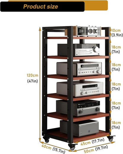6 Tier AV Media Stand, 47in Audio Rack Tower Stereo Components Cabinet, Home Theatre CD Record Player Stereo Receiver Equipment Rack with Adjustable Wood Shelves, Load 400lbs (Teak Brown)