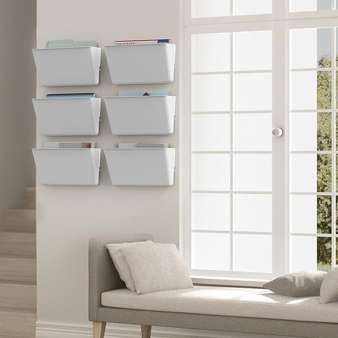 Clear Acrylic Single Pocket, Plastic Hanging Wall Mount File Holder for Office Home (White, 6 Pack)