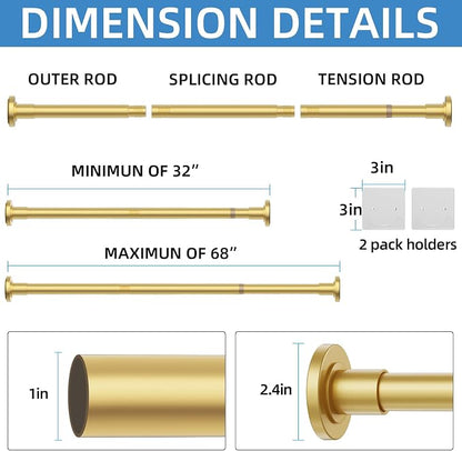 CorkLatta Gold Shower Curtain Rod,1 Inch Diameter Stainless Steel Adjustable Spring Tension Rods 32 to 68",with Holders,Anti-Slip,Curtain Rods No Drilling(1 Pack)