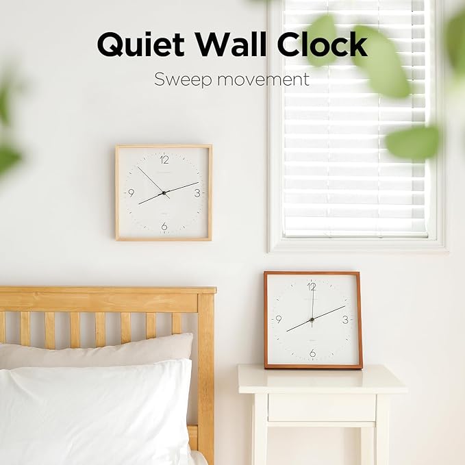 mooas Wooden Frame Flatwood Wall Clock,12" Non-Ticking Sweep Movement Decorative Wood Battery Operated Wall Clock for Home Living Room Kitchen Bedroom Office School Cafe (Light Brown)