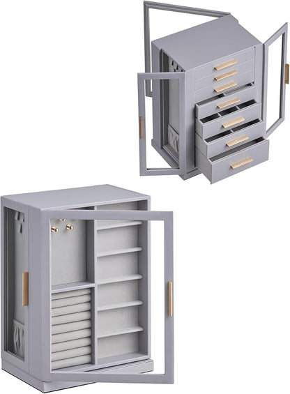 Glimmloop 360° Rotating Jewelry Box with 7 Drawers, Spacious Vertical Jewelry Organizer with Glass Window, Jewelry Storage Case, Dustproof & Moisture-resistant Design, Grey