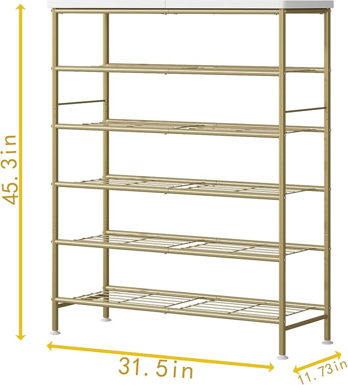 SUOERNUO Shoe Rack Organizer 6 Tier for Closet Entryway Free Standing Metal Storage Shoe Shelf with MDF Top Board，Gold