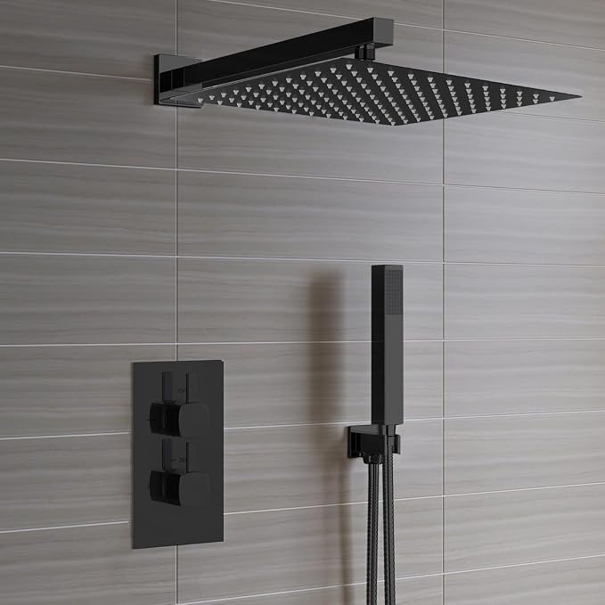 Voolan Rain Shower Head - High Flow Large Rainfall Shower Heads Made of Stainless Steel - Waterfall Bathroom Square Showerhead - Ceiling or Wall Mount (12 * 8 Inch Rectangle, Matte Black)