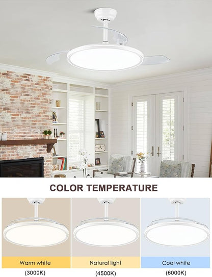 42 inch Retractable Ceiling Fan with Lights, White Low Profile Ceiling Fan with 3CCT Dimmable 6 Speeds Quiet Reversible DC Motor, Modern Fandelier for Living Room Dinning Room Kitchen
