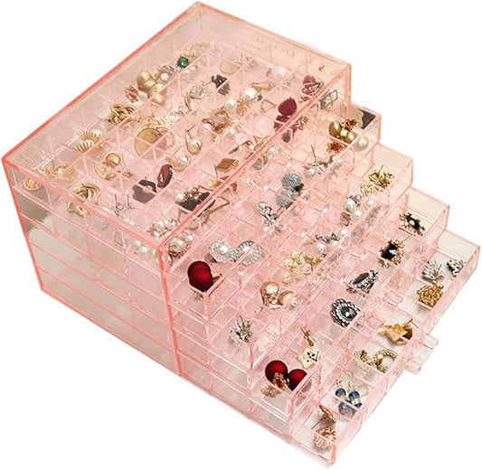 YUFONG Earring Storage Box Organizer, Acrylic Jewelry Storage Box Holder 5 Drawers Transparent Jewelry Display Stand with 120 Small Compartments Gift Boxes for Women Girls (Clear Pink)
