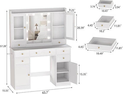 Vanity Desk with Mirror and Lights, White Vanity with Lighted Mirror & Power Outlet and 7 Drawers, 3 Color Modes Adjustable, Makeup Dressing Table Set with Lights for Girls Women
