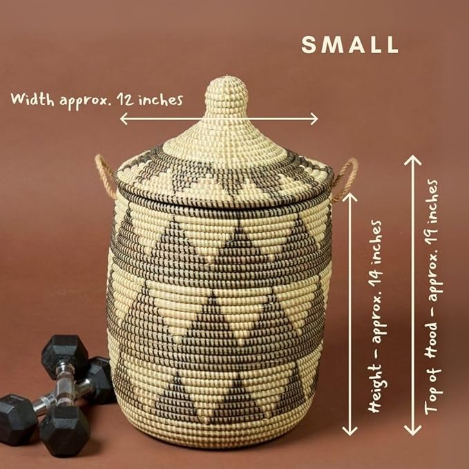 Laundry Basket - Tall and Large Set, Black Beige | Blanket Basket - Living Room, Clothes Hamper - Bed Room, Toys Bin - Nursery | Round, Sturdy, Aesthetic, Hood, Handles, Wicker, Hand Woven, Senegal