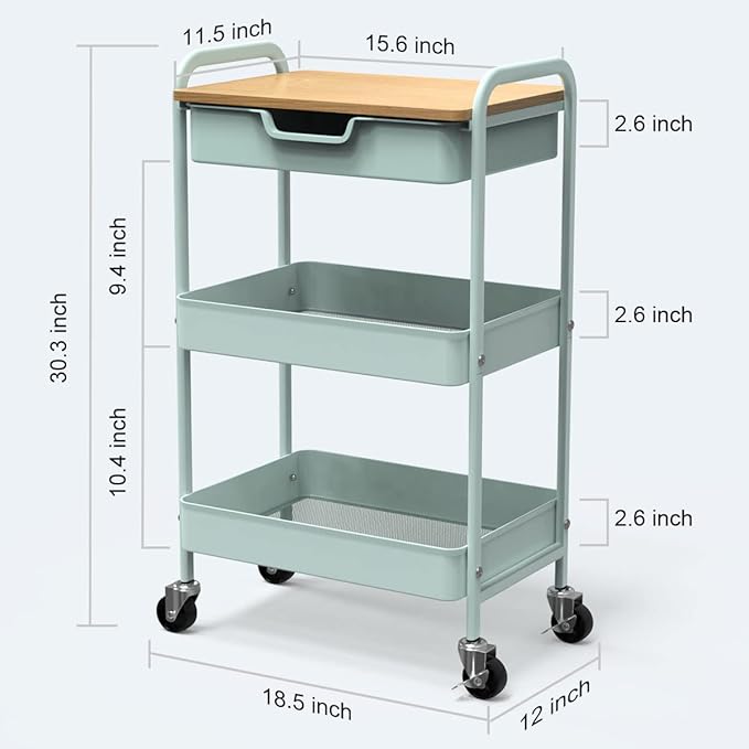 Aratan 3 Tier Rolling Cart, Utility Cart with Drawer and Table Top, Metal Rolling Kitchen Storage Organizer Cart with Handle and Locking Wheels for Bathroom Office Balcony Living Room