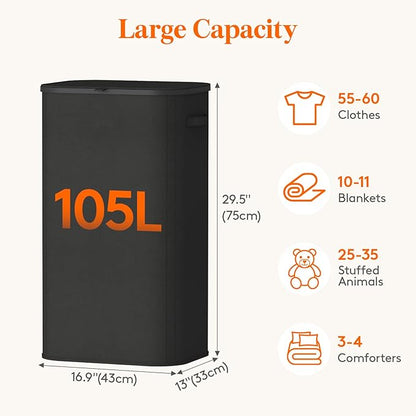 Lifewit 105L Laundry Basket with Lid, Large Laundry Hamper with Plastic Handles and Removable Bag, Foldable Tall Dirty Clothes Hampers for Laundry for Laundry Room, Bedroom, Bathroom, Dorm, Black