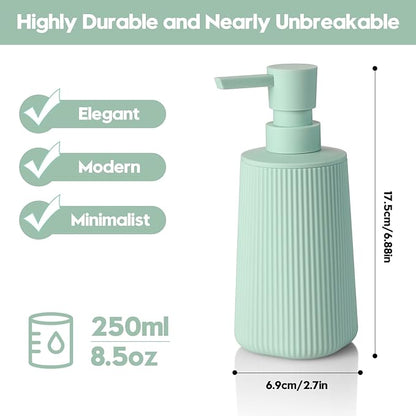 Small Soap Dispenser for Bathroom and Kitchen, Modern Farmhouse Striped Style Plastic Hand Soap Dish Soap Dispenser with Pump Matte Light Green