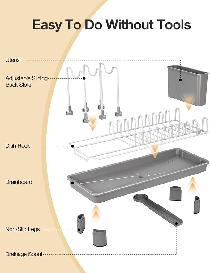 Dish Rack, Carbon Steel Small Dish Drying Rack Rustproof for Kitchen Counter, Compact Space-Saving Dish Drainer with Adjustable Slots for Small Kitchens & Apartments, 16.5×6.5×7inch, Grey