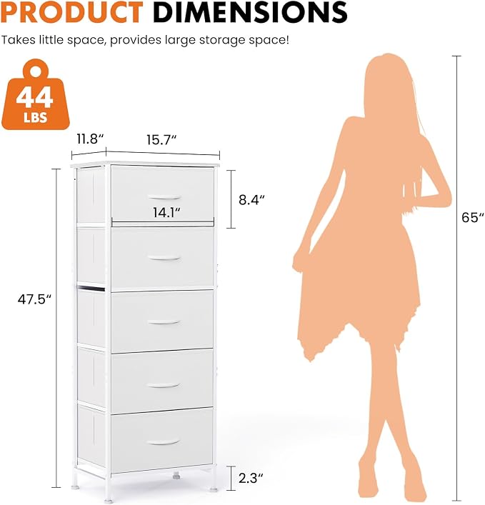 Sweetcrispy 5 Drawer Dresser with Fabric Bins Steel Frame Wood top Storage Chest for Bedroom Closet Hallway White Compact Organizer Durable Home Storage Solution