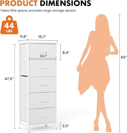 Sweetcrispy 5 Drawer Dresser with Fabric Bins Steel Frame Wood top Storage Chest for Bedroom Closet Hallway White Compact Organizer Durable Home Storage Solution