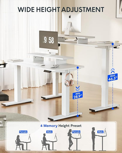 FLEXISPOT Standing Desk with Monitor Stand, 55 x 24 Inches One-Piece Electric Height Adjustable Computer Desk with Cup Holder, Home Office Desks (White Frame+ White Top)