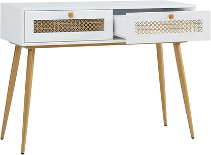 Mid-Century Style Entryway Table, Console Table with Two Drawers, Narrow Sofa Table for Living Room, Hallway, Rectangular, White