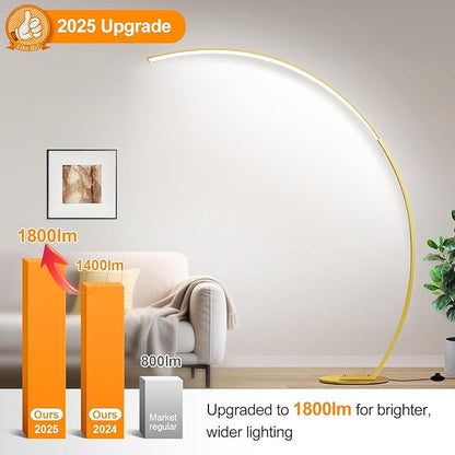 RGB Floor Lamp with 3 Color Temperatures, Ultra Bright 1800LM Smart Arc LED Floor Lamp with Remote Control, Music Sync, Scene Modes, Modern Standing Tall Lamp for Bedroom Living Room Gaming Rooms-Gold