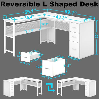LVB White L Shaped Corner Desk with Drawers, Reversible Modern L-Shaped Computer Desk with Storage Cabinet Shelves, Large Wood Metal L Shape Home Office Desk for Work Study Writing Gaming, 59 Inch