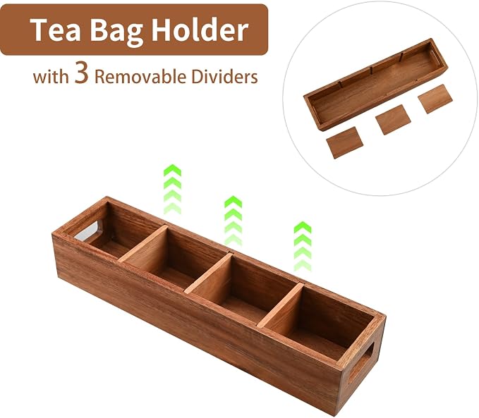 Acacia Wood Tea Bag Organizer with 4 Slots – Tea Bag Holder and Tea Organizer, Sugar Packet Storage for Countertops, Set of two
