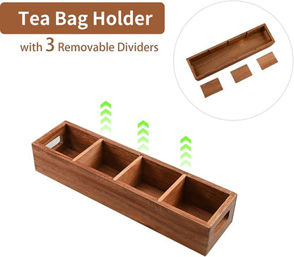 Acacia Wood Tea Bag Organizer with 4 Slots – Tea Bag Holder and Tea Organizer, Sugar Packet Storage for Countertops, Set of two