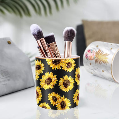 WAVEYU Pen Holder, Cute Pencil Holder for Desk, Makeup Brush Holder Floral Pattern, Pencil Cup for Girls Women, Durable Ceramic Desk Organizer Flower Decor for Office, Classroom, Sunflower
