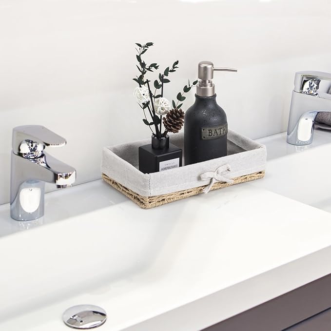 Bathroom Tray Wicker Toilet Paper Basket Toilet Tank Trays for Countertop Storage Behind Bathroom Tray Organizer Toilet Tank Top Basket Suitable for Any Home Décor Style (9.8x5.9x2.36 In, Beige)