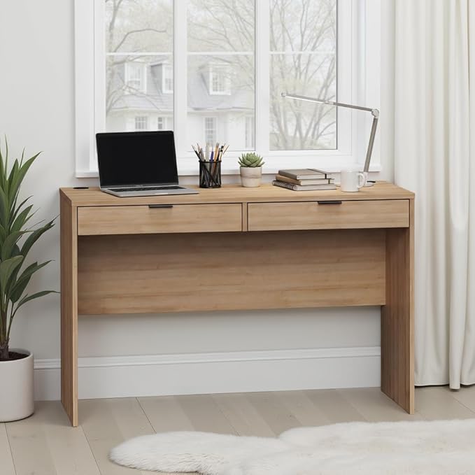 Prepac 46" Writing Desk – Computer Desk with 2 Drawers, Light Oak Office Desk for Home Office or Bedroom