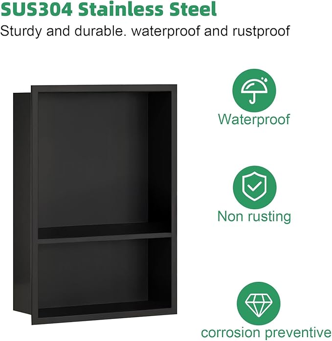 SaniteModar Shower Niche, Stainless Steel Niche for Shower Wall,18"x 12" No Tile Needed,Recessed for Bathroom Storage (Black, 18" x 12" Double)