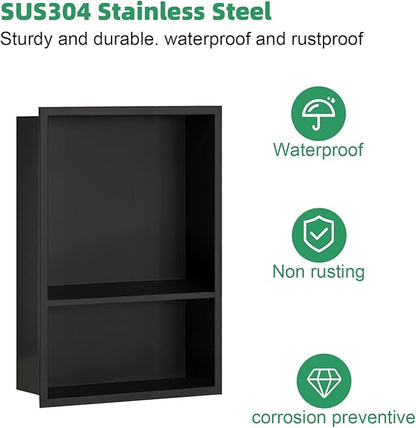 SaniteModar Shower Niche, Stainless Steel Niche for Shower Wall,18"x 12" No Tile Needed,Recessed for Bathroom Storage (Black, 18" x 12" Double)