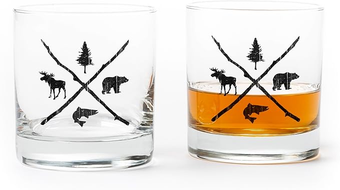 Black Lantern Whiskey Glasses Set of 2 11oz Heavy Base Tumblers for Everyday Use - Old Fashioned Glasses - Dishwasher Safe - Pine Bear Trout Moose