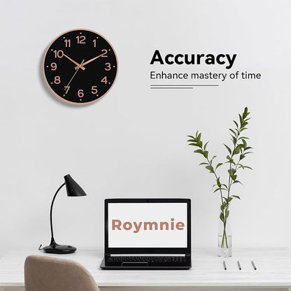 Roymnie Wall Clock, Silent Wall Clocks Battery Operated 8 Inch-Modern Non Ticking Analog Clock Decorative for Kitchen Office Bathroom Bedroom(Black Rose Gold)