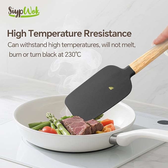 5 Pcs Silicone Spatula Set,Food Grade Silicone Spatula Nonstick Rubber Spatulas with Wooden Ergonomic Grip,Spoonula,Jar Scraper for Cooking,Baking,Mixing,Frosting-Heat Resistant Up to 428°F(Black)