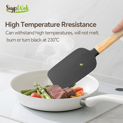 5 Pcs Silicone Spatula Set,Food Grade Silicone Spatula Nonstick Rubber Spatulas with Wooden Ergonomic Grip,Spoonula,Jar Scraper for Cooking,Baking,Mixing,Frosting-Heat Resistant Up to 428°F(Black)
