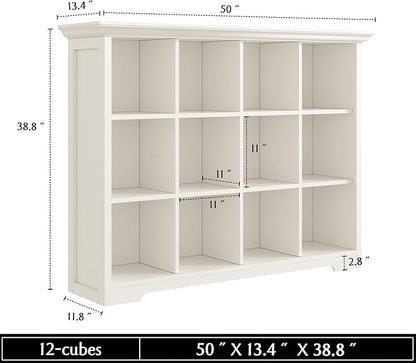 Wooden Cube Bookcase with Base - Modern 3 Tiers Floor Standing Open Shelf Cabinet for Home and Office, 12-Cube Lattice Bookshelf, Warm White