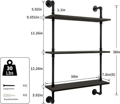 3-Tier Industrial Pipe Floating Shelf – Rustic 30 inch Wood Wall-Mounted Storage Shelf for Kitchen Office,Bathroom & Home Decor -Black