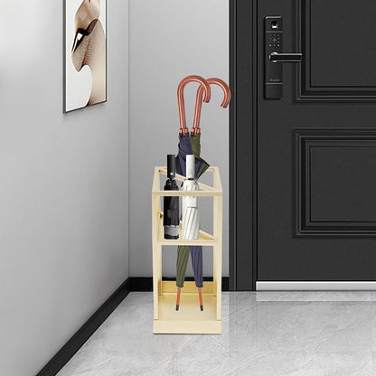 Umbrella Rack for Entryway, Modern Metal 20.87in Tall Freestanding Umbrella Holder with Built-in Shelf, Compact Storage for Long&Short Stick Rain Umbrellas and Walking Canes (Golden)