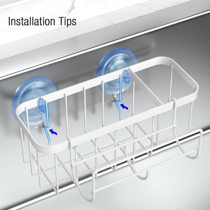 HOKEMOM Kitchen Sink Caddy Organizer with Sponge Holder & Multifunctional Hooks - Dual Suction Cups (18.5lb Hold), 2.0mm Stainless Steel White Rust-Proof, Non-Slip, 7.09" x 4.33" x 2.76"