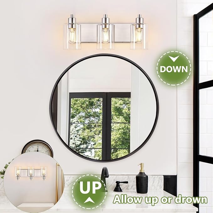 Brushed Nickel Bathroom Light Fixtures, Wall Mounted 3-Light Bathroom Lights Over Mirror with Clear Glass Shade,Wall Sconces for Kitchen Living Room Bedroom