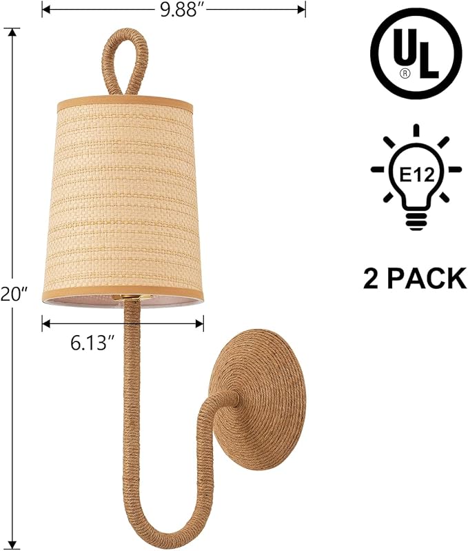 Boho Natural Rattan Wall Sconce Set of 2 Hand Woven Wall Lamp Rustic Wicker Wall Lights for Bedside Hallway Vanity Stairway Fireplace Living Room, UL Listed
