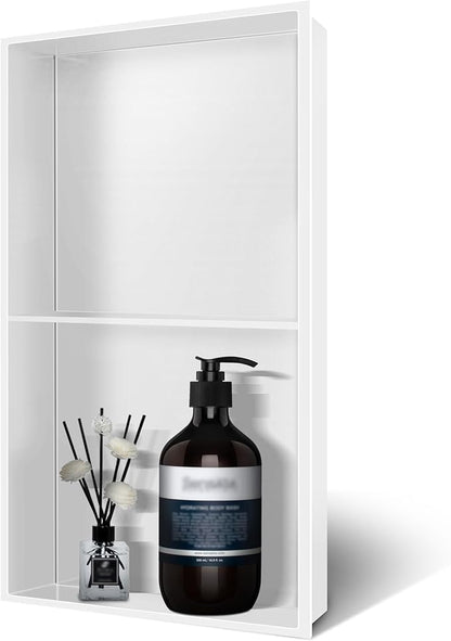 Shower Niche 9" X 25" White, Stainless Steel Wall Niche Double Shelves Recessed Shower Shelf for Bathroom Storage, No Tile Needed Over Mount Installation